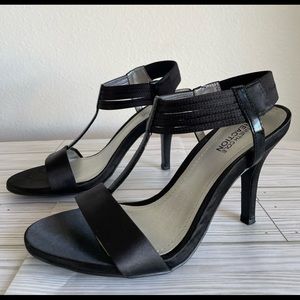 Kenneth Cole Reaction Know Way Black Satin and Patent Leather Heels